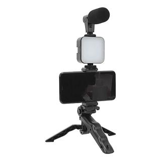 Kit Gravação 5 Em 1 Vlog Celular Microfone Luz Led